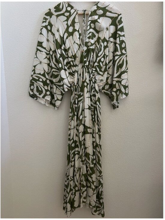 Tropical Floral Maxi Dress | Green White | L/XL | Resort Kimono Sleeve - Picture 7 of 11